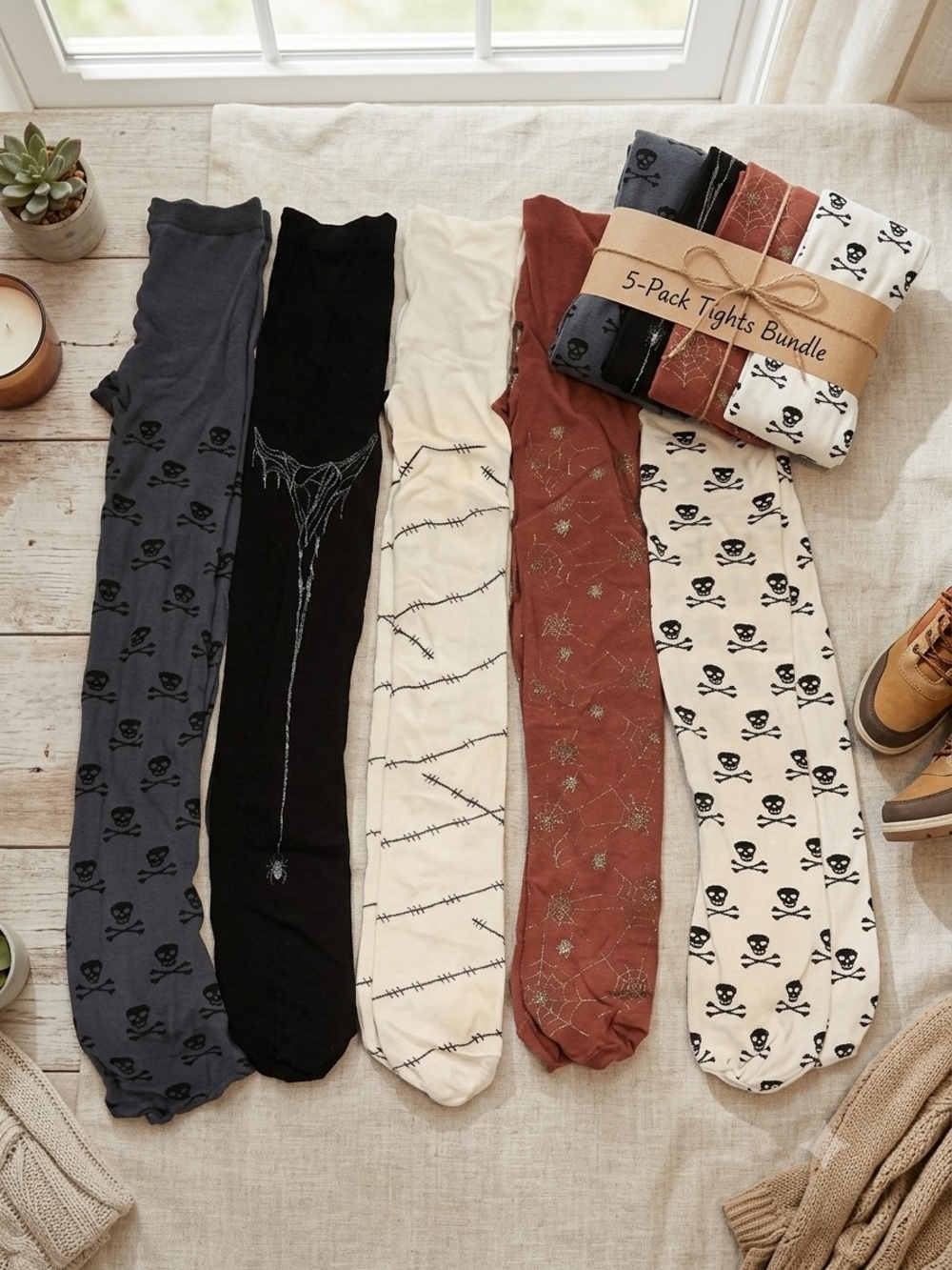 Bundle of 5 Size Short F Spooky Goth Patterned Snag Tights Halloween Collection